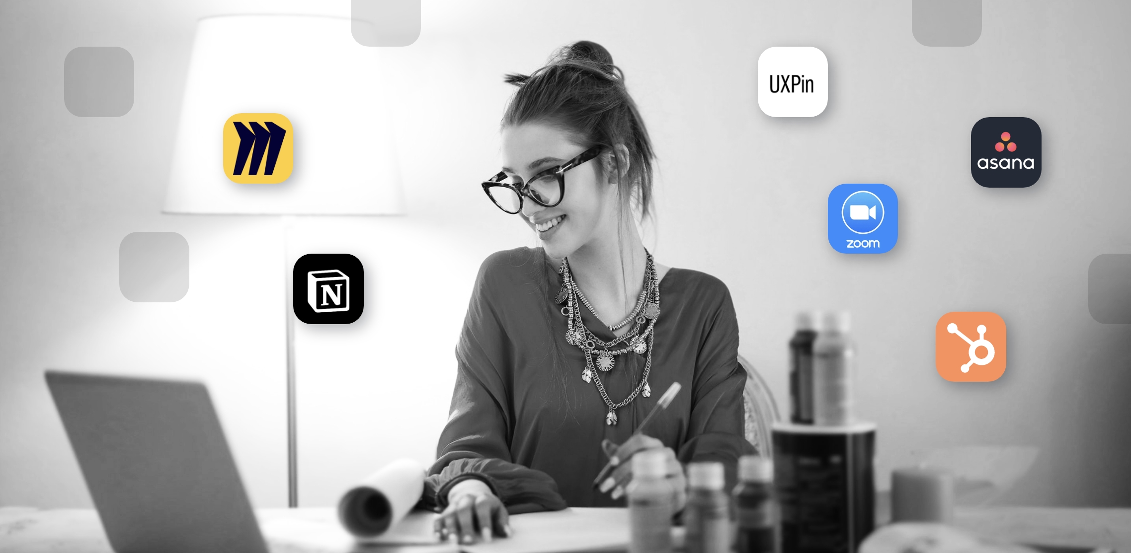 A smiling woman working on a project, surrounded by logos of different remote work tools
