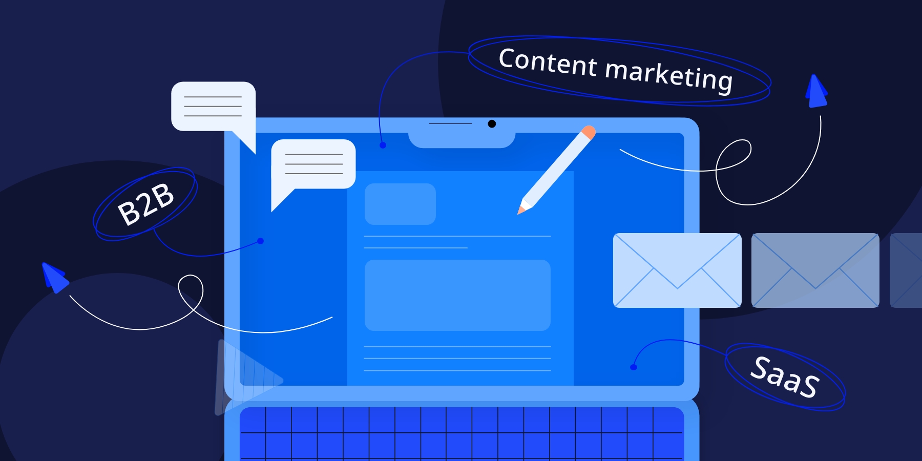 A laptop with an image of a pen and words like b2b saas marketing and content flying around