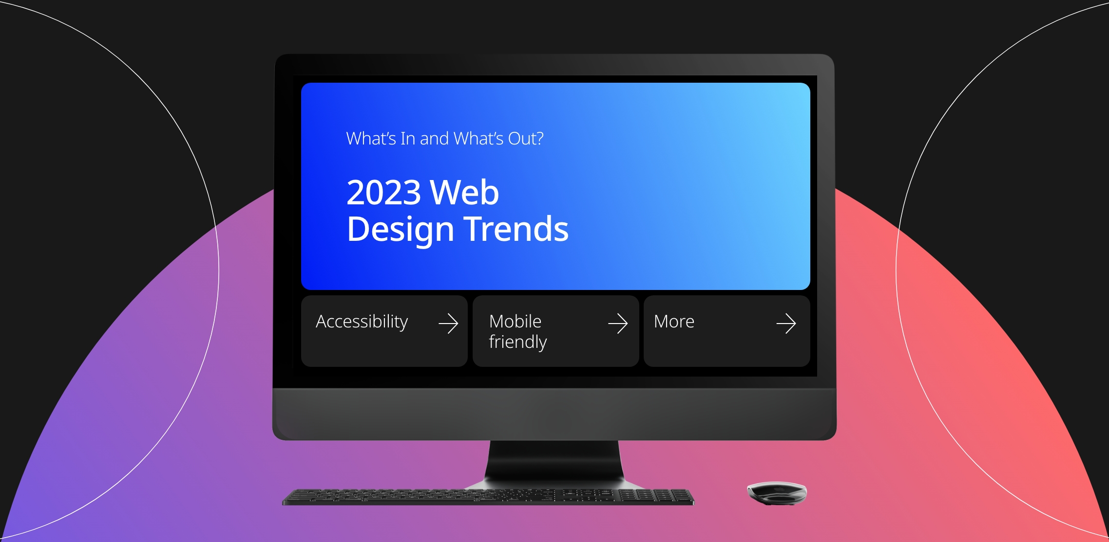A PC display showing the article title. Below it, there are three windows with headers that read: accessibility, mobile-friendly, and more.
