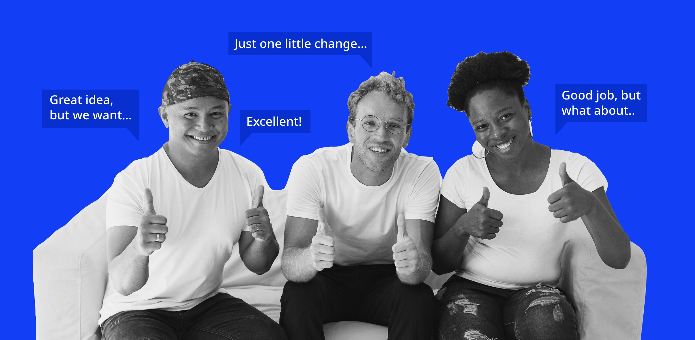 A team of happy people discussing a project and showing thumbs up