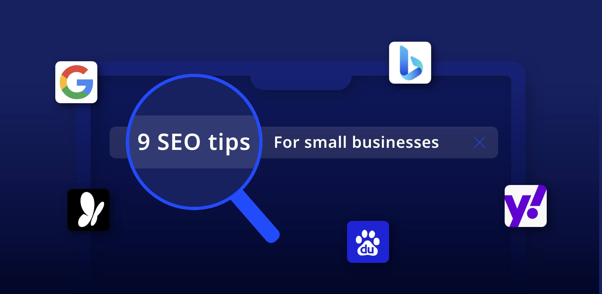 Search bar with 9 SEO tips for small businesses.